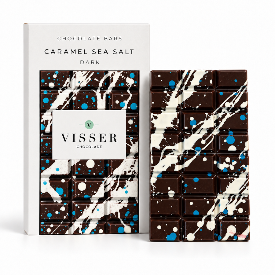 Caramel Sea Salt Dark Chocolate Bar van Visser Chocolade met verpakking