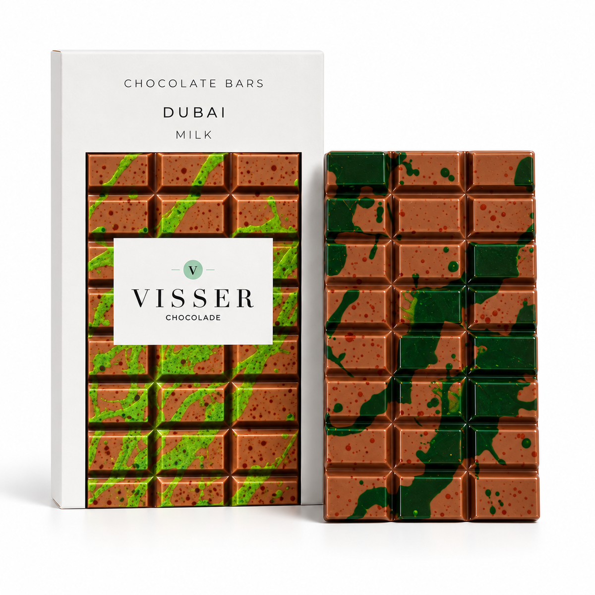 Dubai Milk Chocolate Bar van Visser Chocolade met verpakking