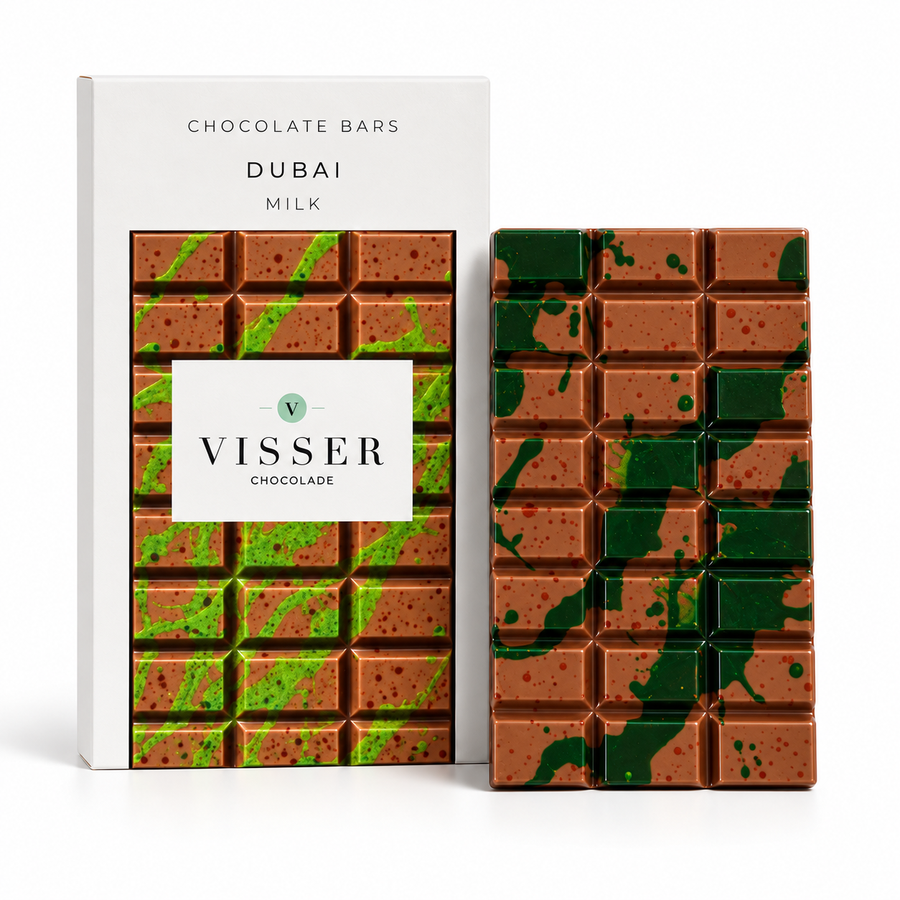 Dubai Milk Chocolate Bar van Visser Chocolade met verpakking