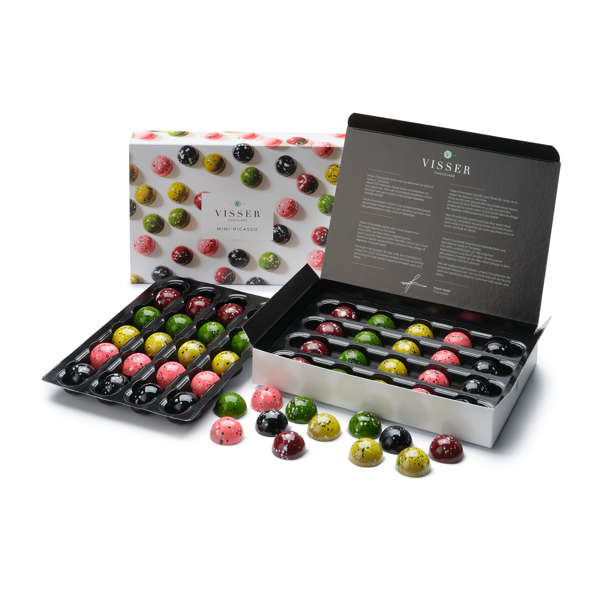 Kleine giftbox Mini Picasso van Visser Chocolade met twaalf bespatte bonbons