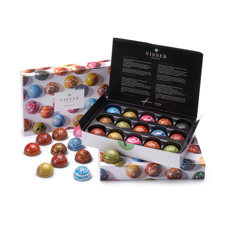 Giftbox Picasso van Visser Chocolade met kleurrijk bespatte bonbons