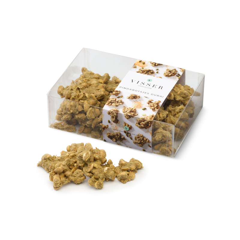 Dubai pindarotsjes met pistache van Visser Chocolade