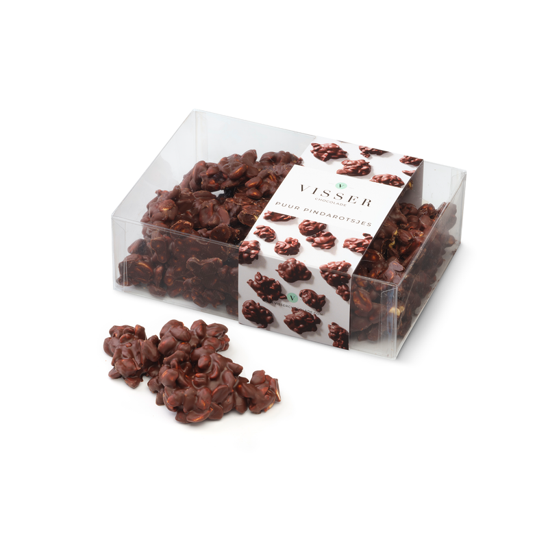 Pindarotsjes van pure chocolade met geroosterde pinda van Visser Chocolade