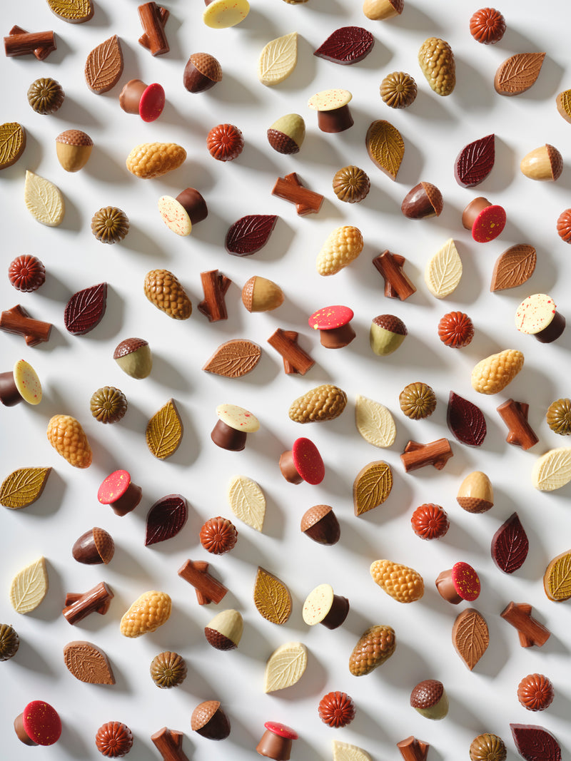 Herfstcollectie van Visser Chocolade met bonbons in de vorm van eikels, bladeren en paddenstoelen