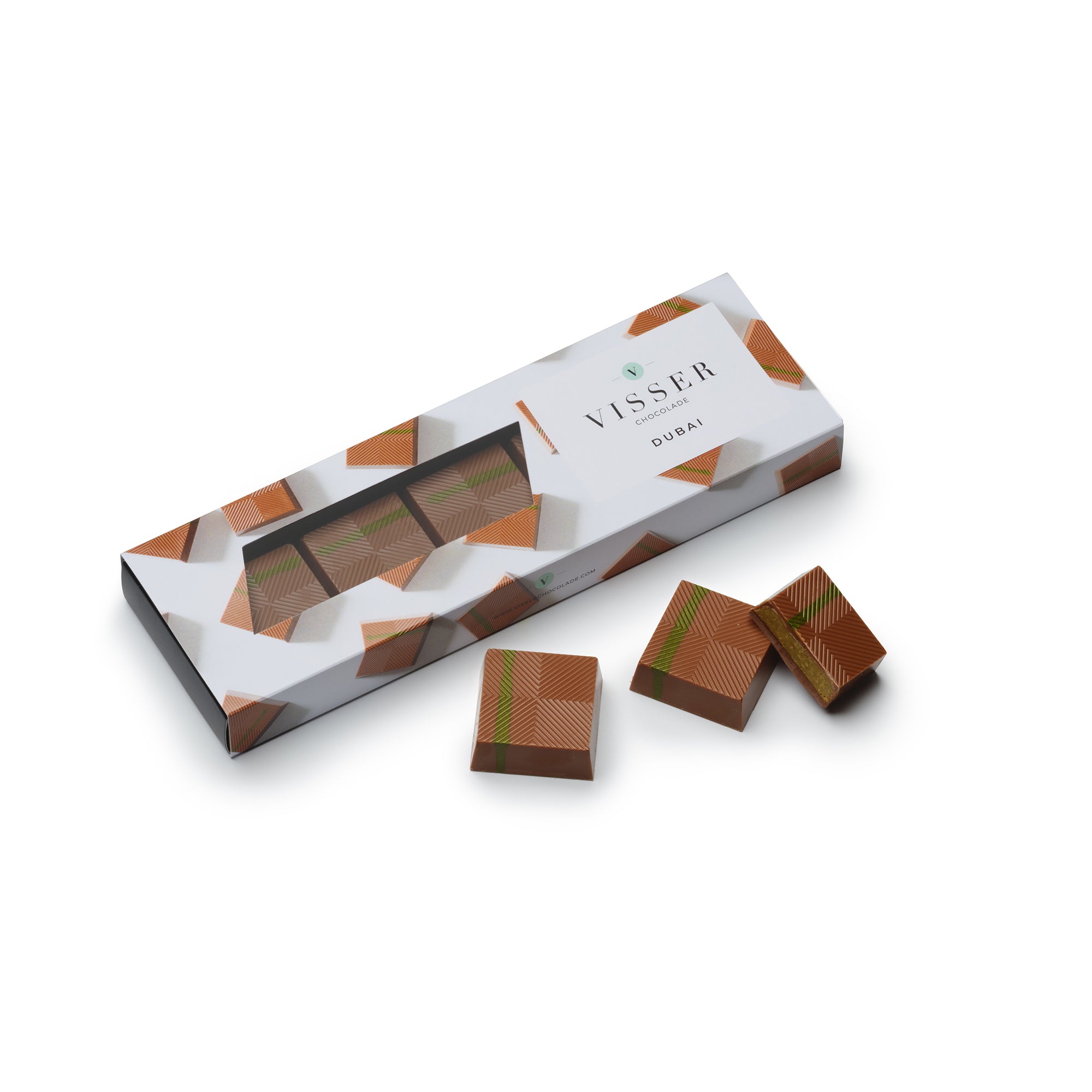 Doosje met vijf Dubai bonbons van Visser Chocolade
