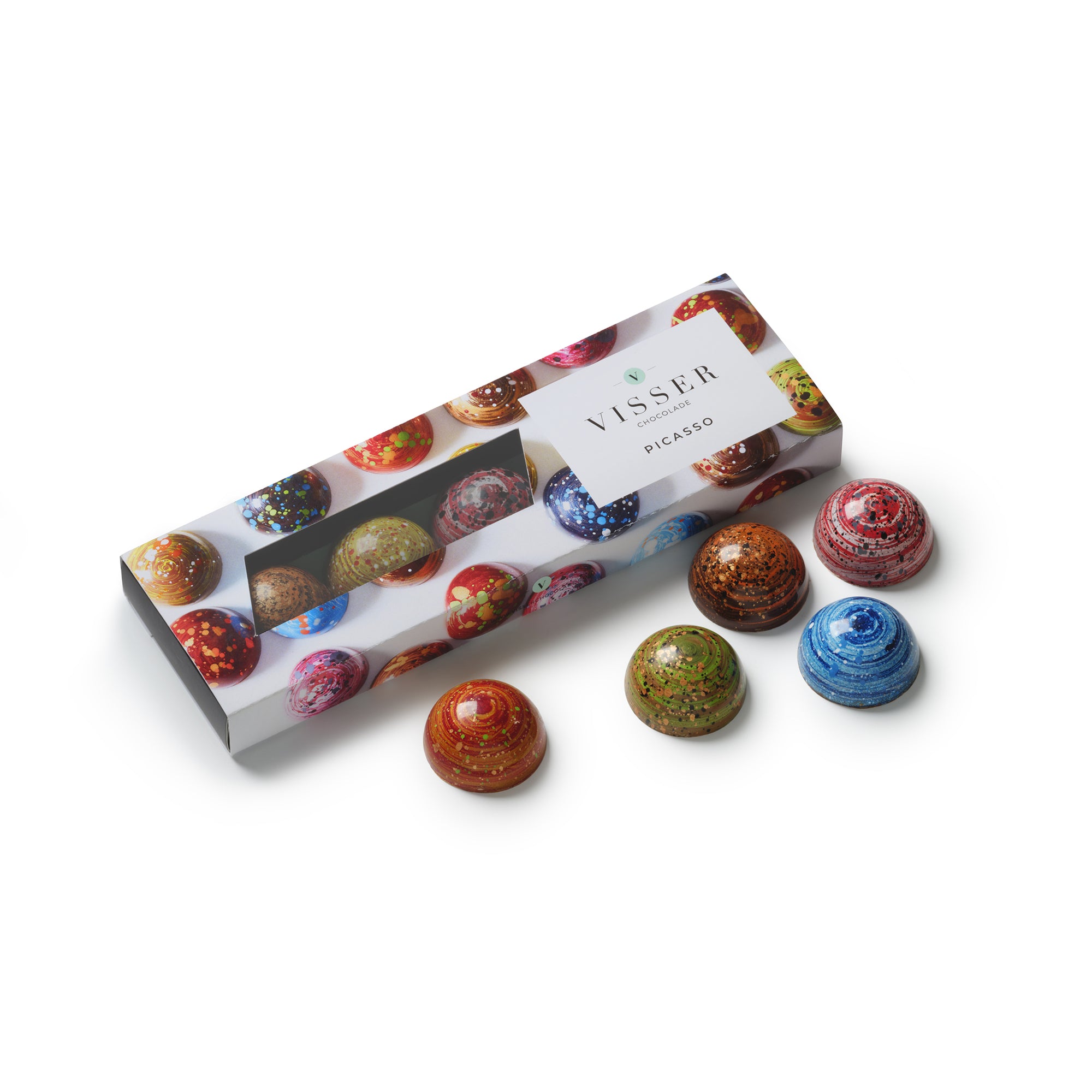 Picasso doos met vijf bonbons van Visser Chocolade