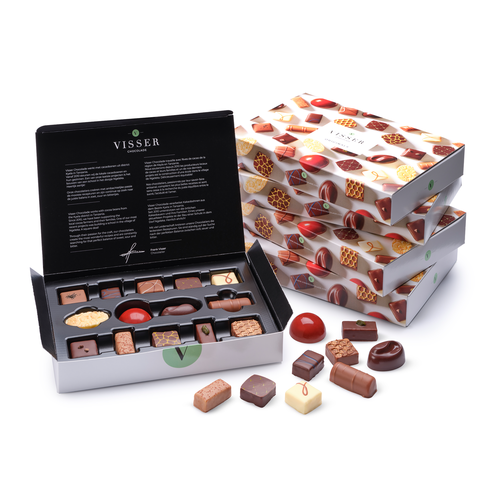 Giftbox Originals van Visser Chocolade met bonbons in melk, pure en witte chocolade